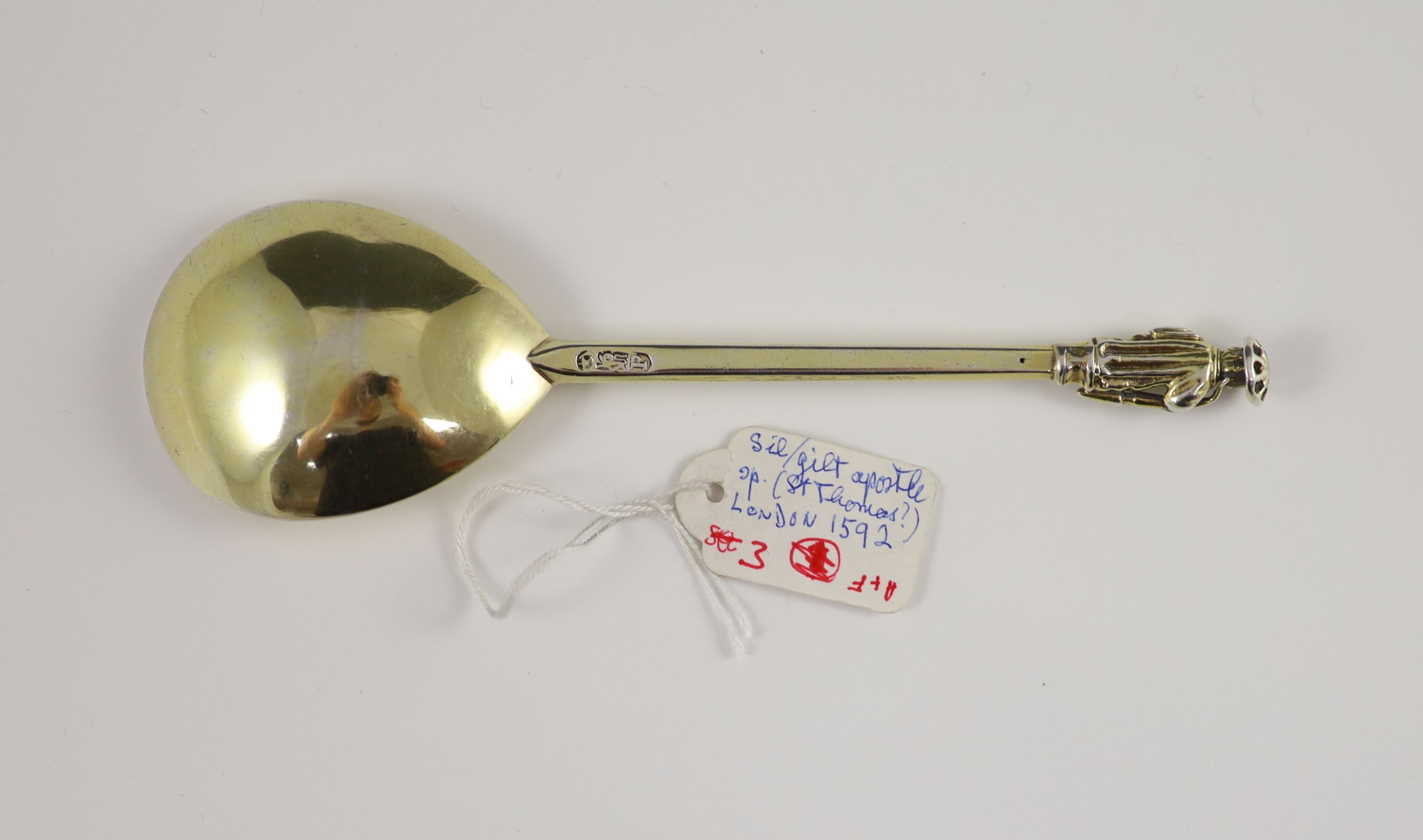 An Elizabeth I silver gilt Apostle spoon, likely St. Thomas, possibly Patrick Brue, London, 1592, 18cm long, 2.1 oz (possibly re-gilded)